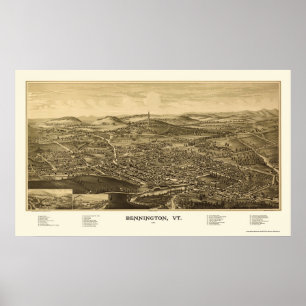 Póster Bennington, mapa panorâmico do VT - 1887