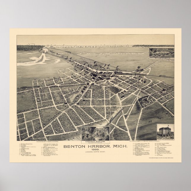 Póster Benton Harbor, Mapa Panorâmico do Michigan - 1889 (Frente)