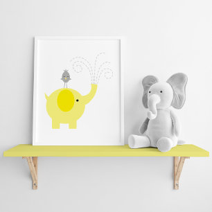 Póster Berçário amarelo e cinzento do elefante e do