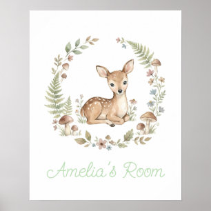 Poster Berçário Boho Personalizado com Cervo Bebê em Aqua