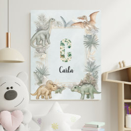 Poster Berçário C Monograma Nome Personalizado Dinossauro