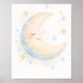 Poster Berçário caprichoso com lua e estrelas em aquarela