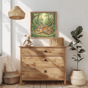 Poster Berçário da Mamãe Tigre e Filhotes