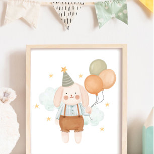 Poster Berçário de Bebê Fofo Coelho Branco Nuvem e Estrel