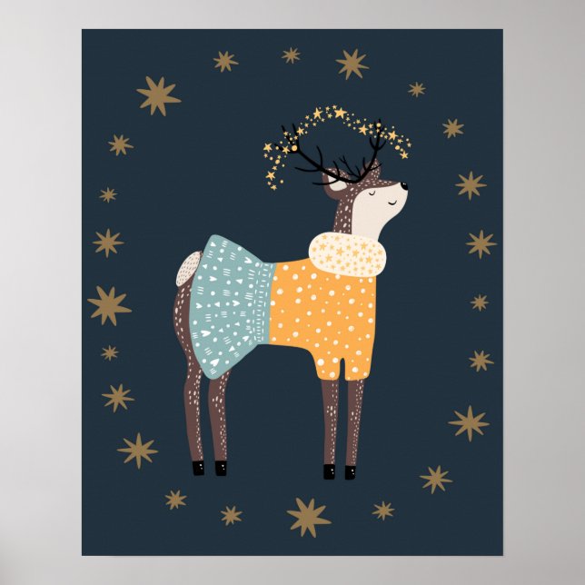 Poster Berçário de cervo e estrelas scandi moderno (Frente)