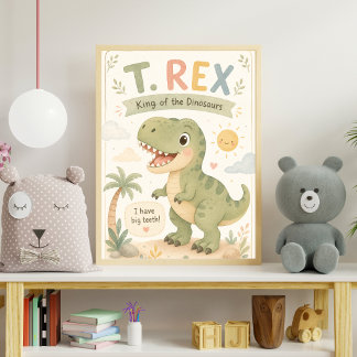 Poster Berçário de Dinossauro T. Rex Adorável em Aquarela