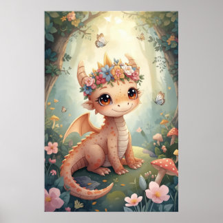 Poster Berçário de Dragão Bebê com Aquarela Floral de Pês