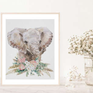 Poster Berçário de Elefante Bebê em Aquarela Tropical Boh