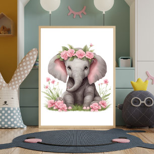 Poster Berçário de Elefante Bebê Fofo Flores Rosa