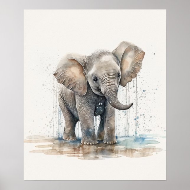 Poster Berçário de Elefante de Aquarela Selva Safari (Frente)