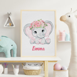 Poster Berçário de Elefante Rosa-Rosa-Cinza-Vidro