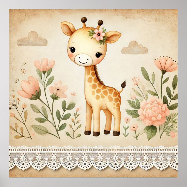 Poster Berçário de Girafa Bebê Floral (Frente)