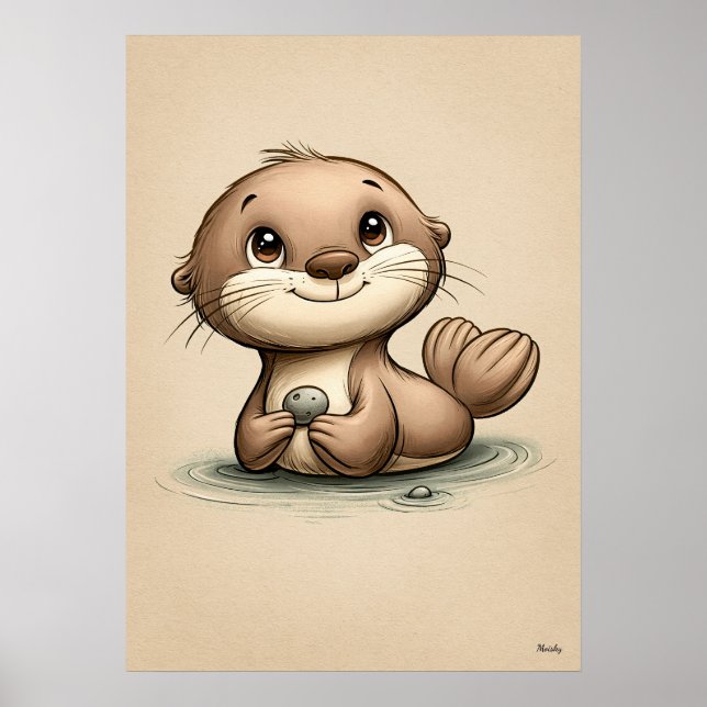 Poster Berçário de Lontra Bebê Fofo Escandinavo Minimalis (Frente)