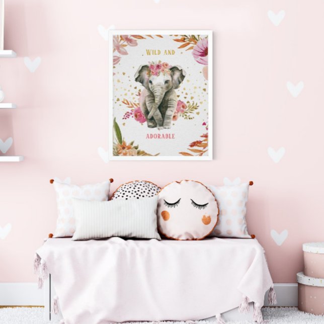 Poster Berçário de Menina Elefante de Aquarela Flores Ros (Criador carregado)