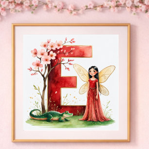 Poster Berçário de Menina Letra E Fada Floral