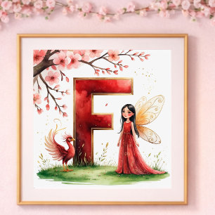 Poster Berçário de Menina Letra F Fada Floral