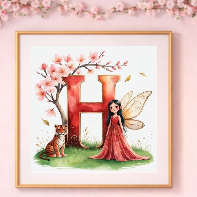 Poster Berçário de Menina Letra H Fada Floral (Criador carregado)