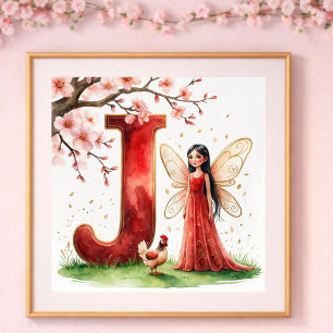 Poster Berçário de Menina Letra J Floral Feérico