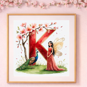 Poster Berçário de Menina Letra K Fada Floral