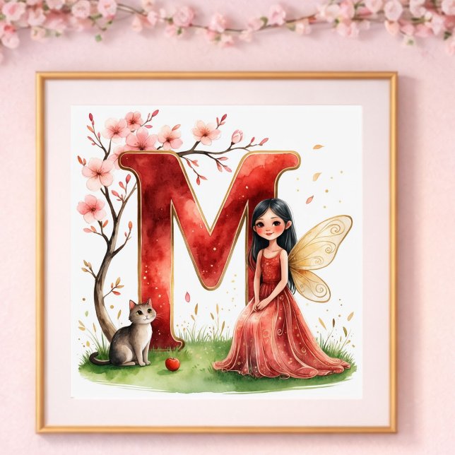 Poster Berçário de Menina Letra M Fada Floral (Criador carregado)