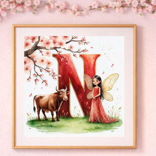 Poster Berçário de Menina Letra N Fada Floral