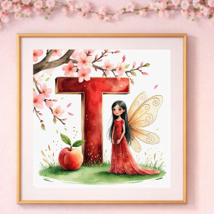 Poster Berçário de Menina Letra T Fada Floral