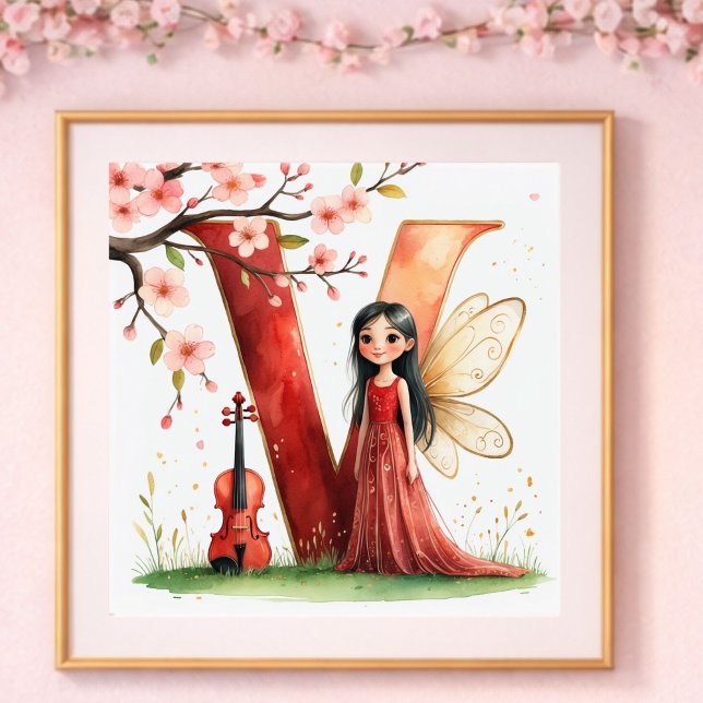 Poster Berçário de Menina Letra V Fada Floral (Criador carregado)