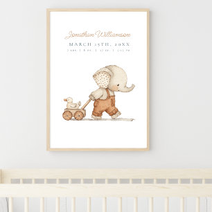 Poster Berçário de Menino Elefante Aquarela Personalizáve