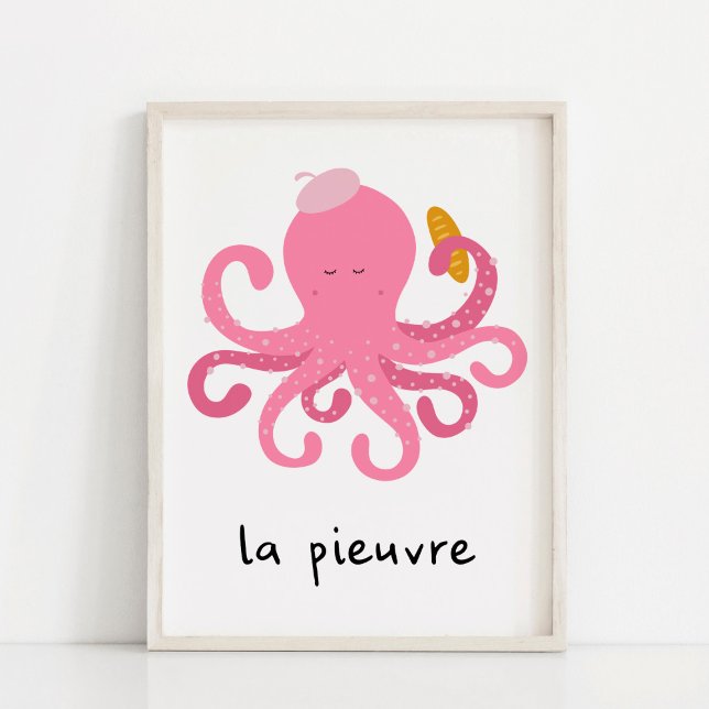 Poster Berçário de polvo francês rosa fofo (Criador carregado)