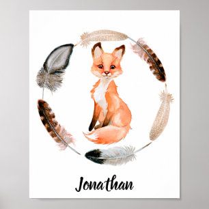 Poster Berçário de raposa bebê em aquarela personalizado