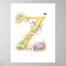 Berçário Letra Z Fio Bebê Inicial Floral Dourado