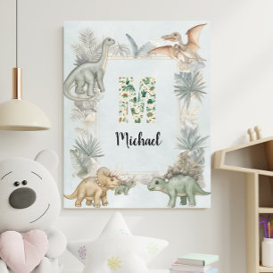 Poster Berçário M de Nome Personalizado de Dinossauro