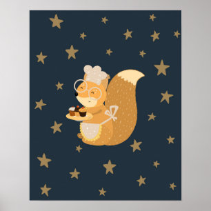 Poster Berçário moderno scandi com esquilo e cupcakes