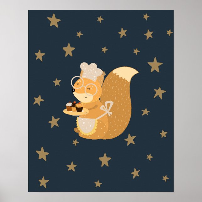 Poster Berçário moderno scandi com esquilo e cupcakes (Frente)