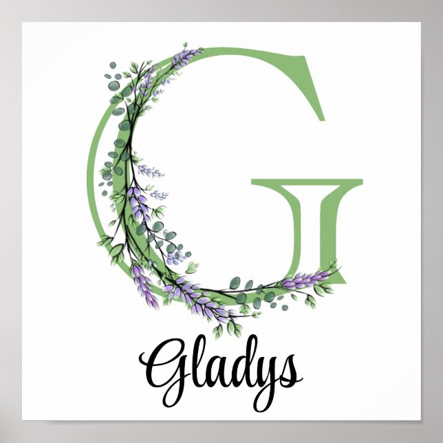 Poster Berçário Monograma G Lavanda Eucalipto (Frente)