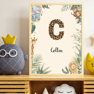 Poster Berçário Personalizado Safari Nome Monograma C