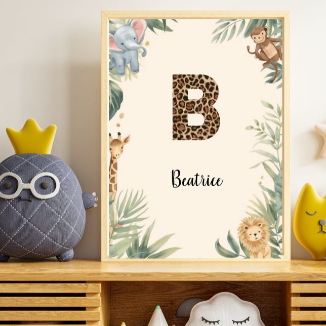 Poster Berçário Safari Nome Personalizado Monograma B (Criador carregado)