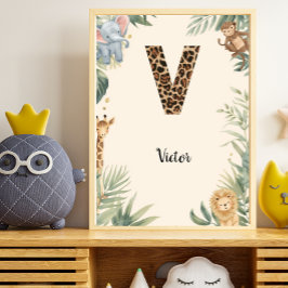 Poster Berçário Safari Nome Personalizado Monograma V