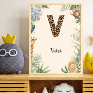 Poster Berçário Safari Nome Personalizado Monograma V