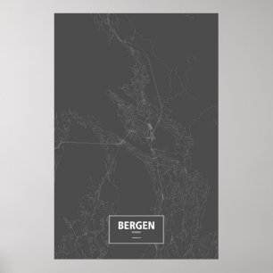 Póster Bergen, Noruega (branca no preto)