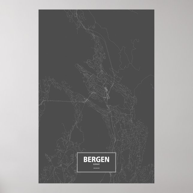 Póster Bergen, Noruega (branco no preto) (Frente)