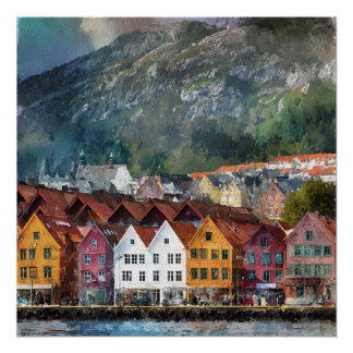 Póster Bergen Noruega Casas Coloridas Lindas Vintage