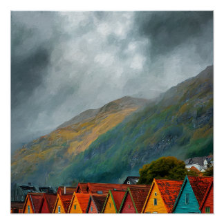 Póster Bergen Noruega Casas de Madeira Vibrantes Viagem V