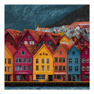 Póster Bergen Noruega Pequeno Assentamento à Beira-Mar Vi