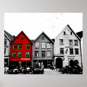 Poster Bergen Norway Black and White photowith red house