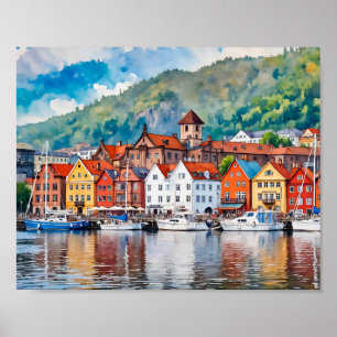 Poster Bergen Norway Watercolor