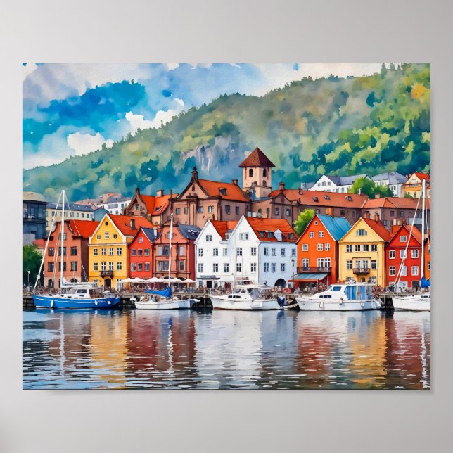Poster Bergen Norway Watercolor (Frente)
