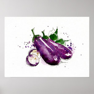 Poster Beringela pintado mão da aguarela, arte da parede