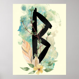 Poster Berkano Floral Green & Yellow Norse Futhark Rune