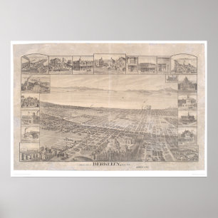Póster Berkeley, mapa panorâmico 1891 do CA (0099A) -